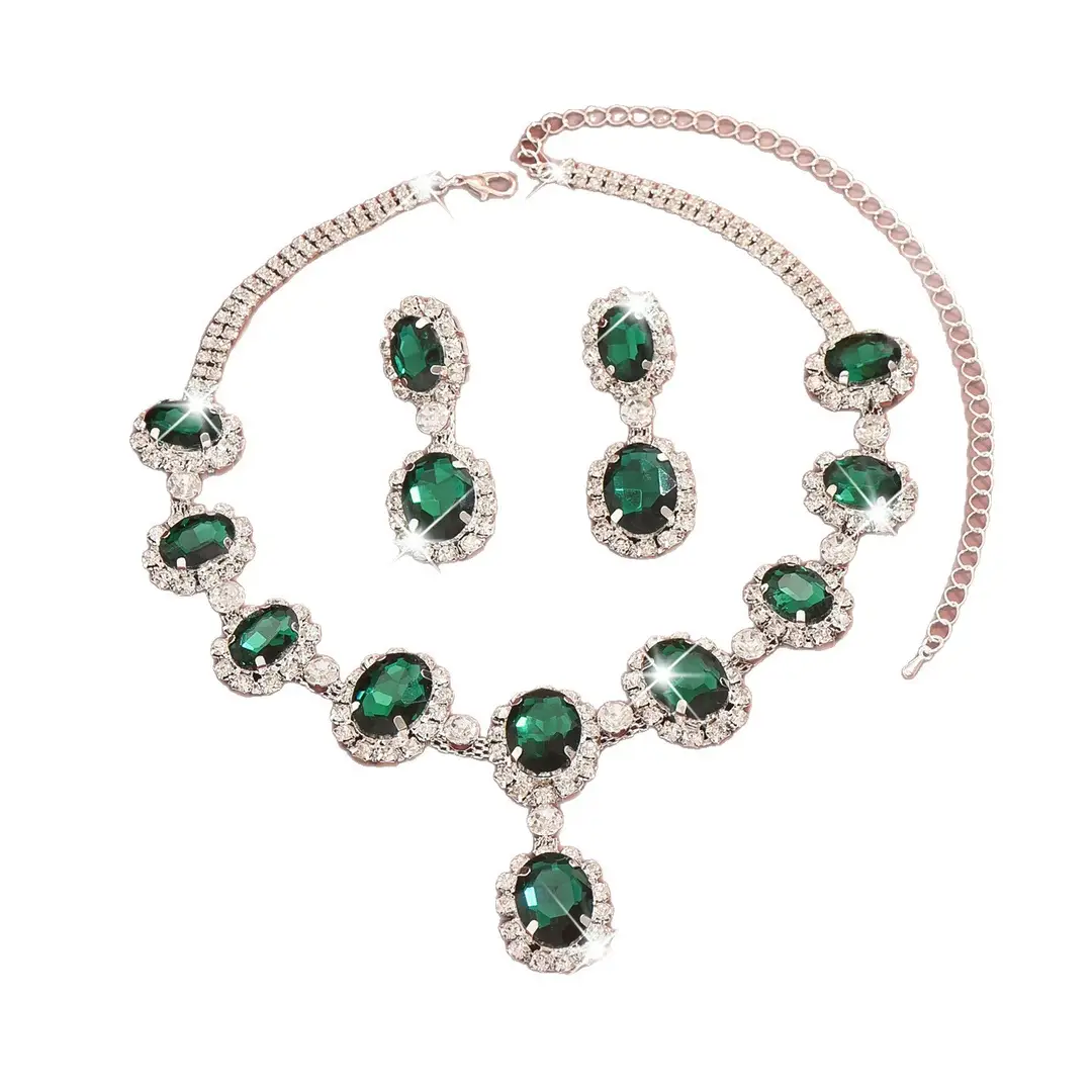 European and American Fashion Colored Diamond Drop-Shaped Super Flash Elegant Set Chain Earrings Necklace Exaggerated Two-Piece Bridal Jewelry Wholesale