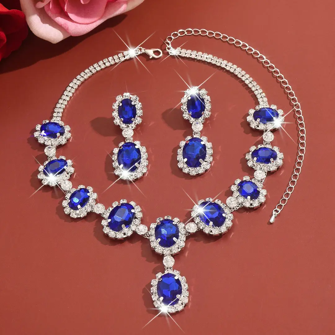 European and American Fashion Colored Diamond Drop-Shaped Super Flash Elegant Set Chain Earrings Necklace Exaggerated Two-Piece Bridal Jewelry Wholesale — feature 10