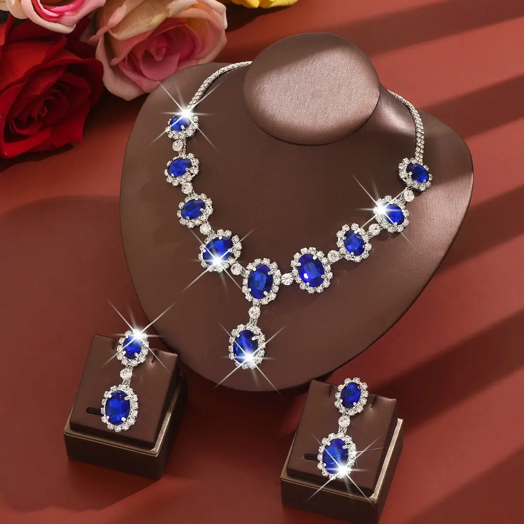 European and American Fashion Colored Diamond Drop-Shaped Super Flash Elegant Set Chain Earrings Necklace Exaggerated Two-Piece Bridal Jewelry Wholesale — feature 11
