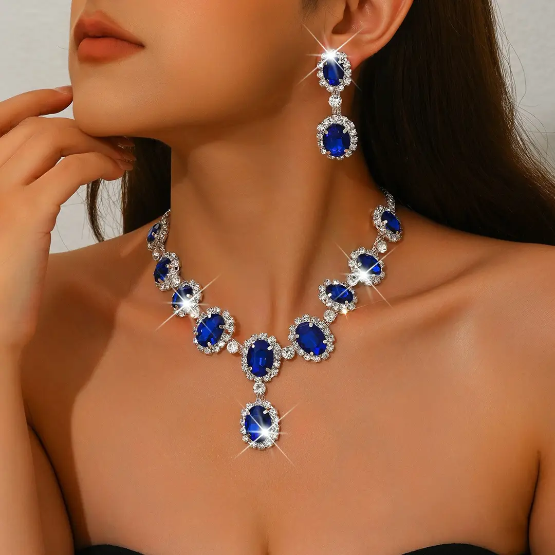 European and American Fashion Colored Diamond Drop-Shaped Super Flash Elegant Set Chain Earrings Necklace Exaggerated Two-Piece Bridal Jewelry Wholesale — feature 12