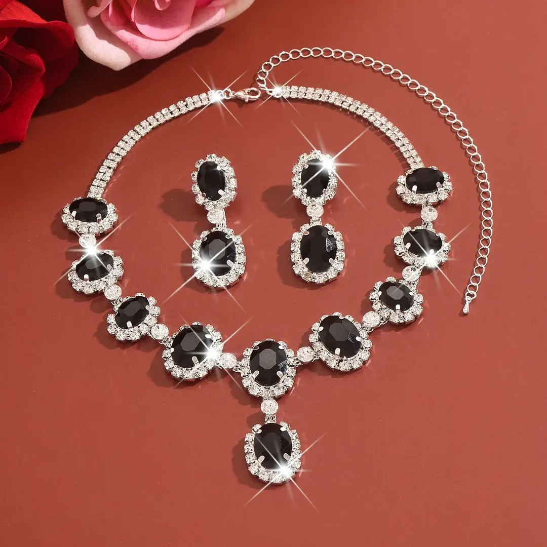 European and American Fashion Colored Diamond Drop-Shaped Super Flash Elegant Set Chain Earrings Necklace Exaggerated Two-Piece Bridal Jewelry Wholesale — feature 14