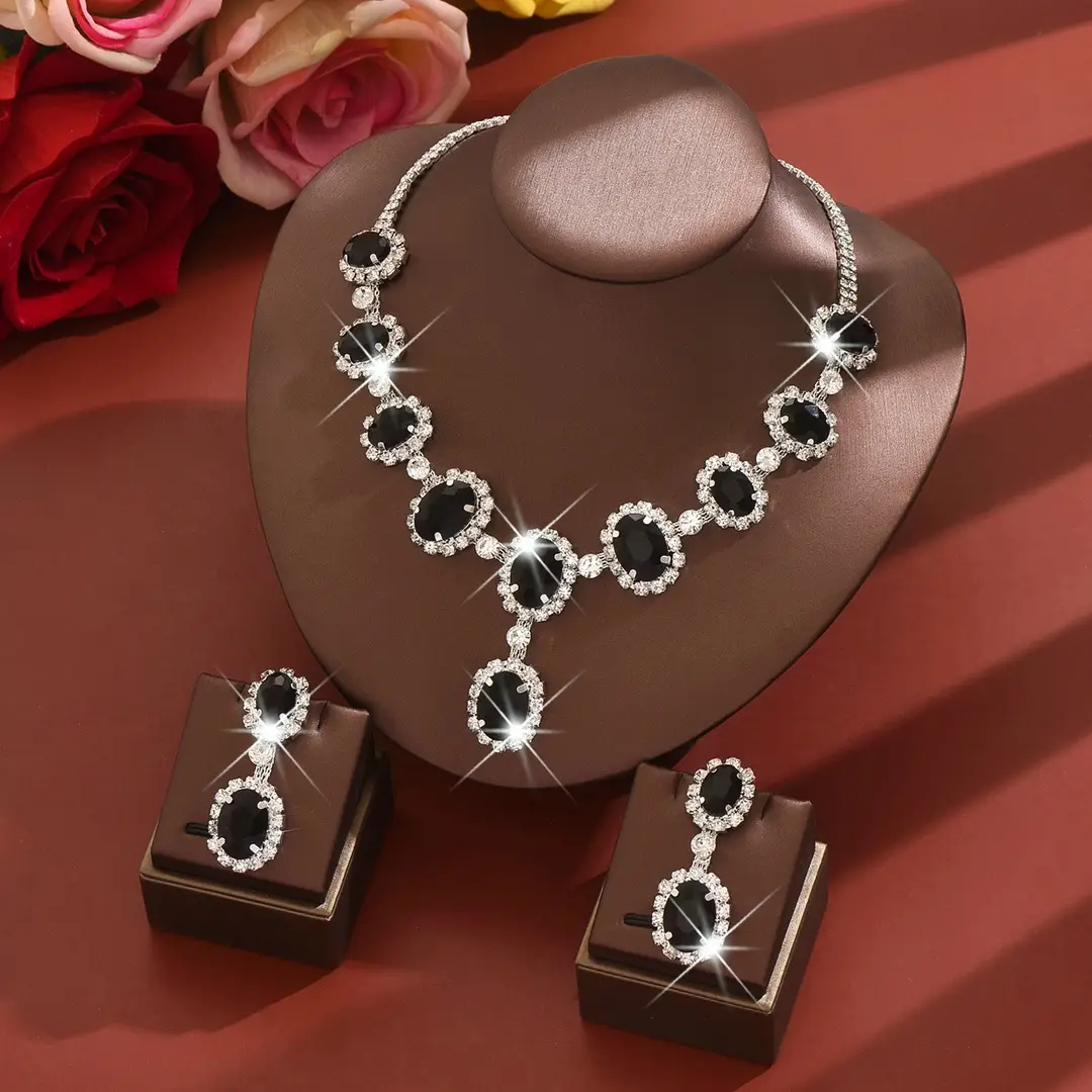 European and American Fashion Colored Diamond Drop-Shaped Super Flash Elegant Set Chain Earrings Necklace Exaggerated Two-Piece Bridal Jewelry Wholesale — feature 15