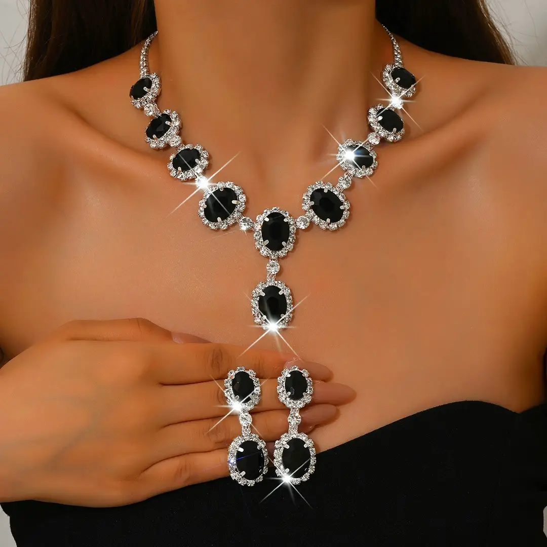 European and American Fashion Colored Diamond Drop-Shaped Super Flash Elegant Set Chain Earrings Necklace Exaggerated Two-Piece Bridal Jewelry Wholesale — feature 17