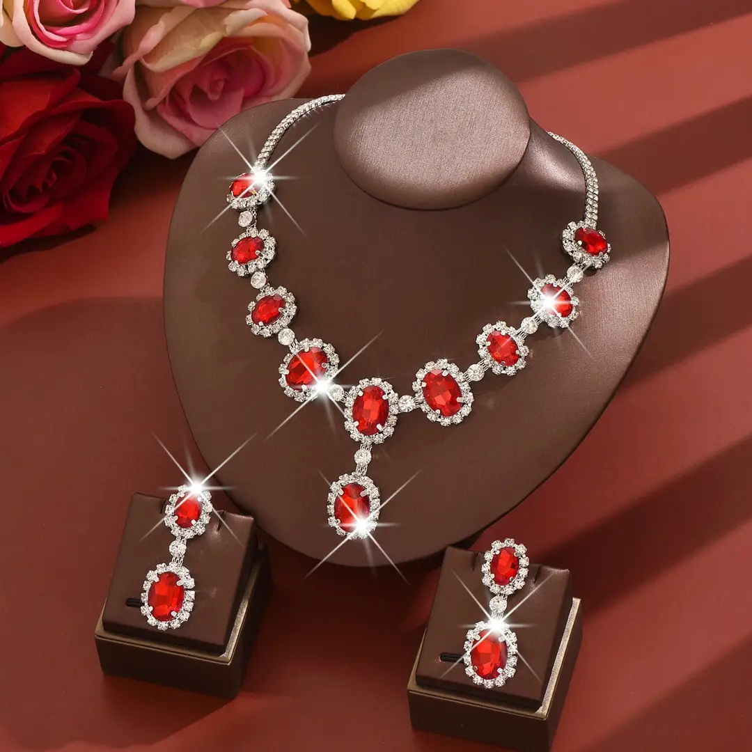 European and American Fashion Colored Diamond Drop-Shaped Super Flash Elegant Set Chain Earrings Necklace Exaggerated Two-Piece Bridal Jewelry Wholesale — feature 3