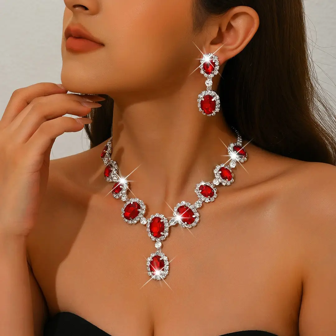 European and American Fashion Colored Diamond Drop-Shaped Super Flash Elegant Set Chain Earrings Necklace Exaggerated Two-Piece Bridal Jewelry Wholesale — feature 4