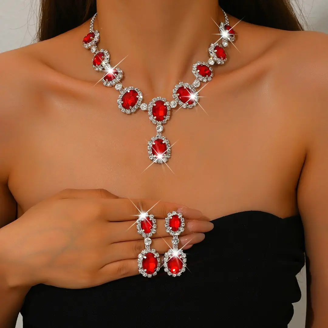 European and American Fashion Colored Diamond Drop-Shaped Super Flash Elegant Set Chain Earrings Necklace Exaggerated Two-Piece Bridal Jewelry Wholesale — feature 5