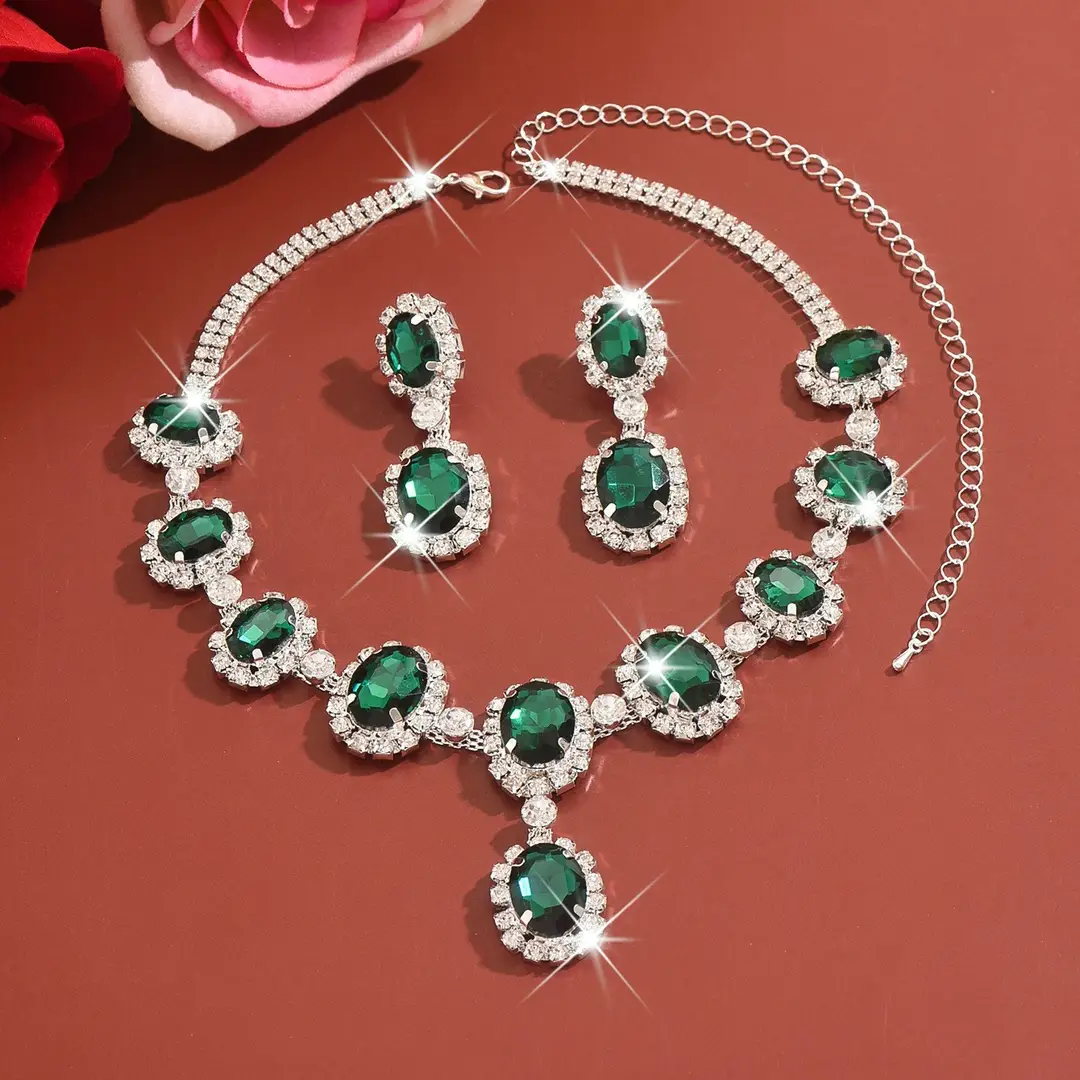 European and American Fashion Colored Diamond Drop-Shaped Super Flash Elegant Set Chain Earrings Necklace Exaggerated Two-Piece Bridal Jewelry Wholesale — feature 6