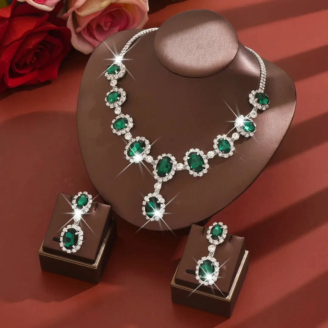 European and American Fashion Colored Diamond Drop-Shaped Super Flash Elegant Set Chain Earrings Necklace Exaggerated Two-Piece Bridal Jewelry Wholesale — feature 7