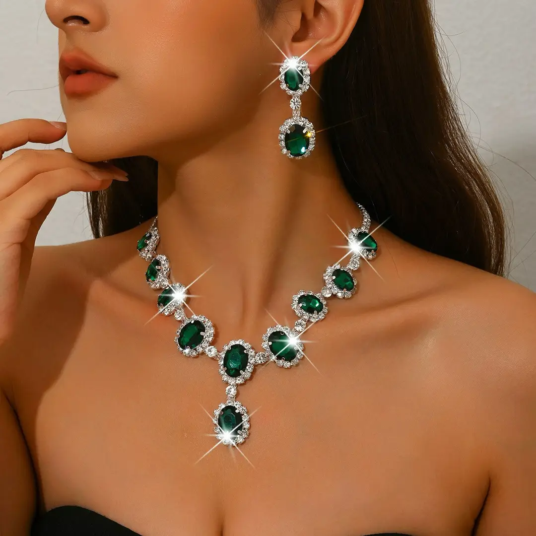 European and American Fashion Colored Diamond Drop-Shaped Super Flash Elegant Set Chain Earrings Necklace Exaggerated Two-Piece Bridal Jewelry Wholesale — feature 8