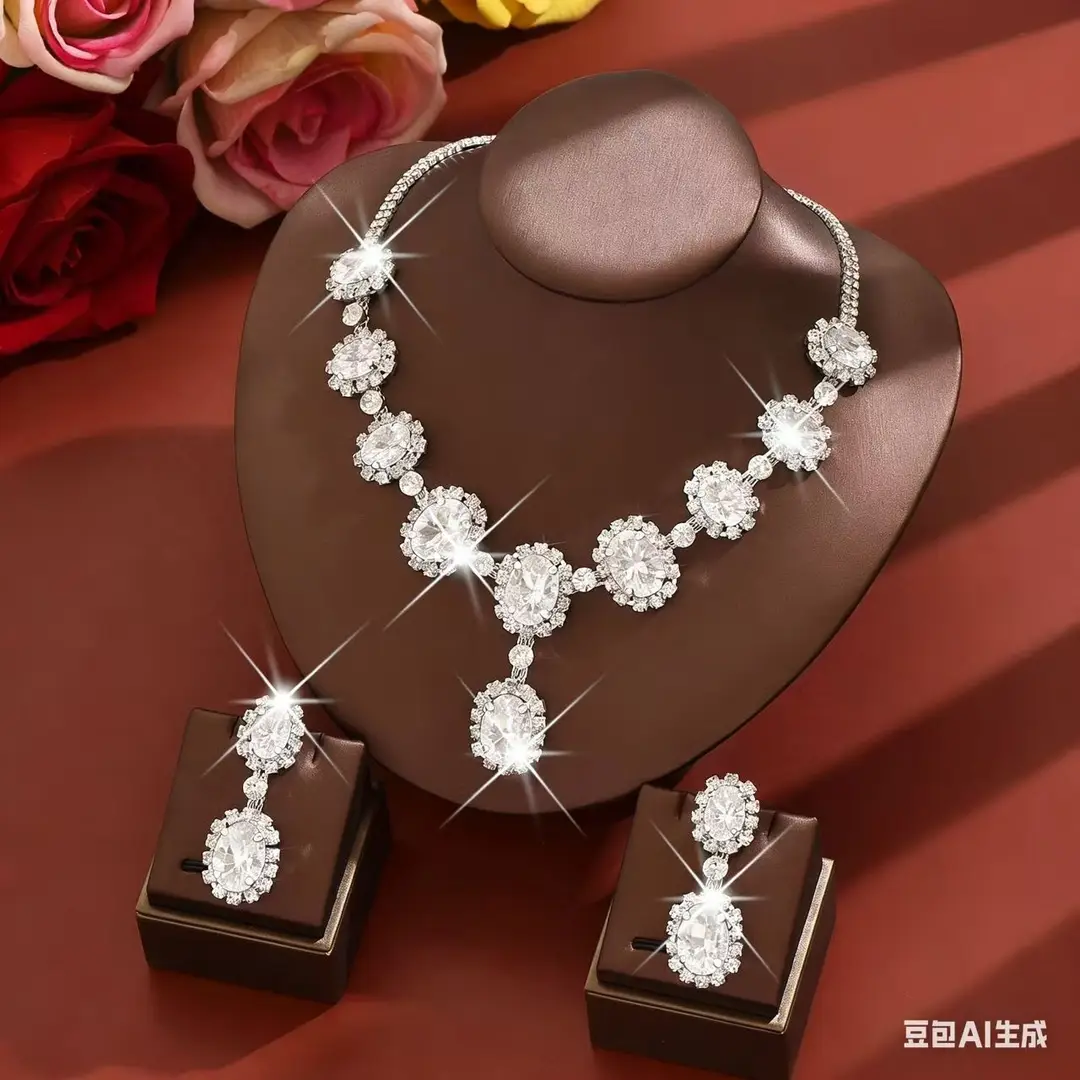 European and American Fashion Colored Diamond Drop-Shaped Super Flash Elegant Set Chain Earrings Necklace Exaggerated Two-Piece Bridal Jewelry Wholesale