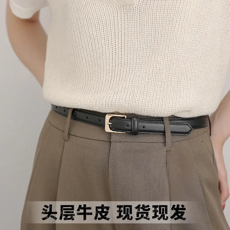 Black Cowhide Women's Belt with Gold Buckle — feature 7