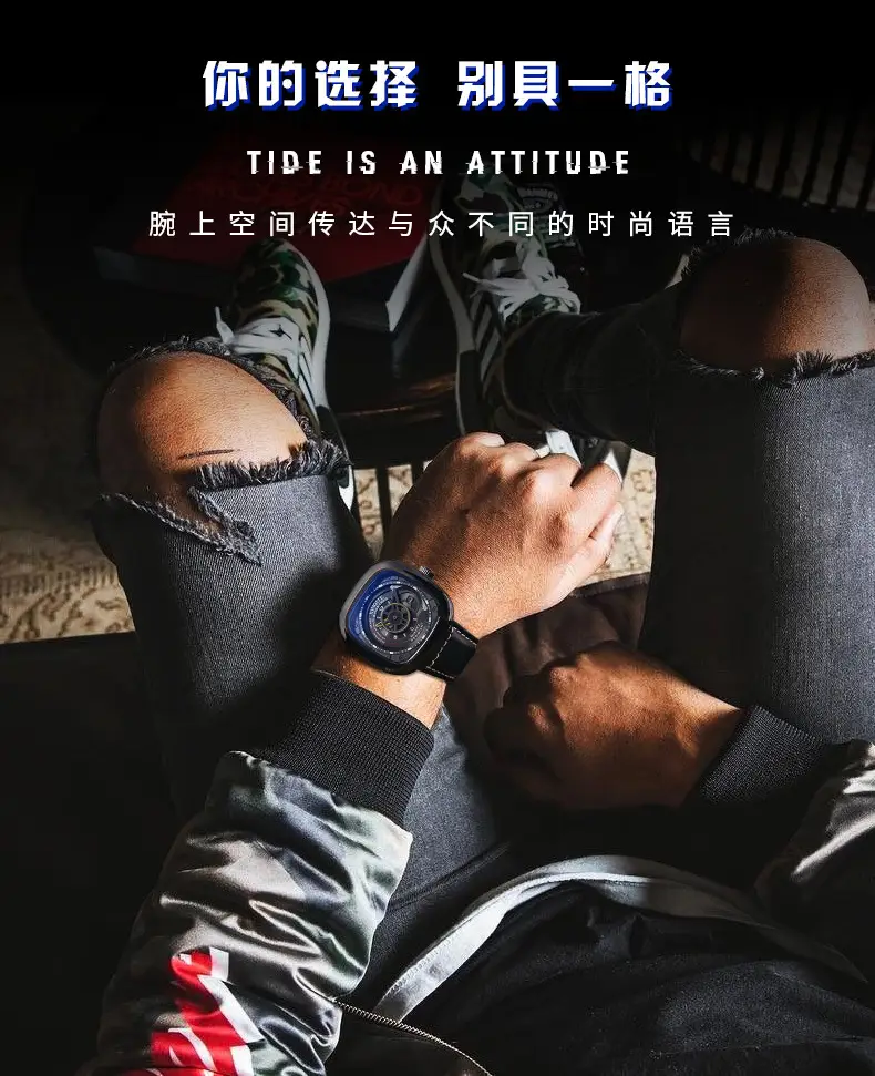 Punk Square Watch for Men with Blue Dial & Belt Strap — feature 13