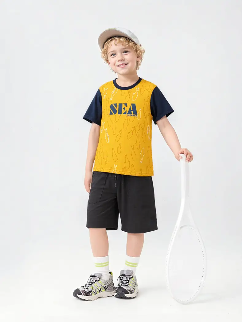 Kids Korean Style Short Sleeve T-Shirt Set Brown Shorts - Image 6