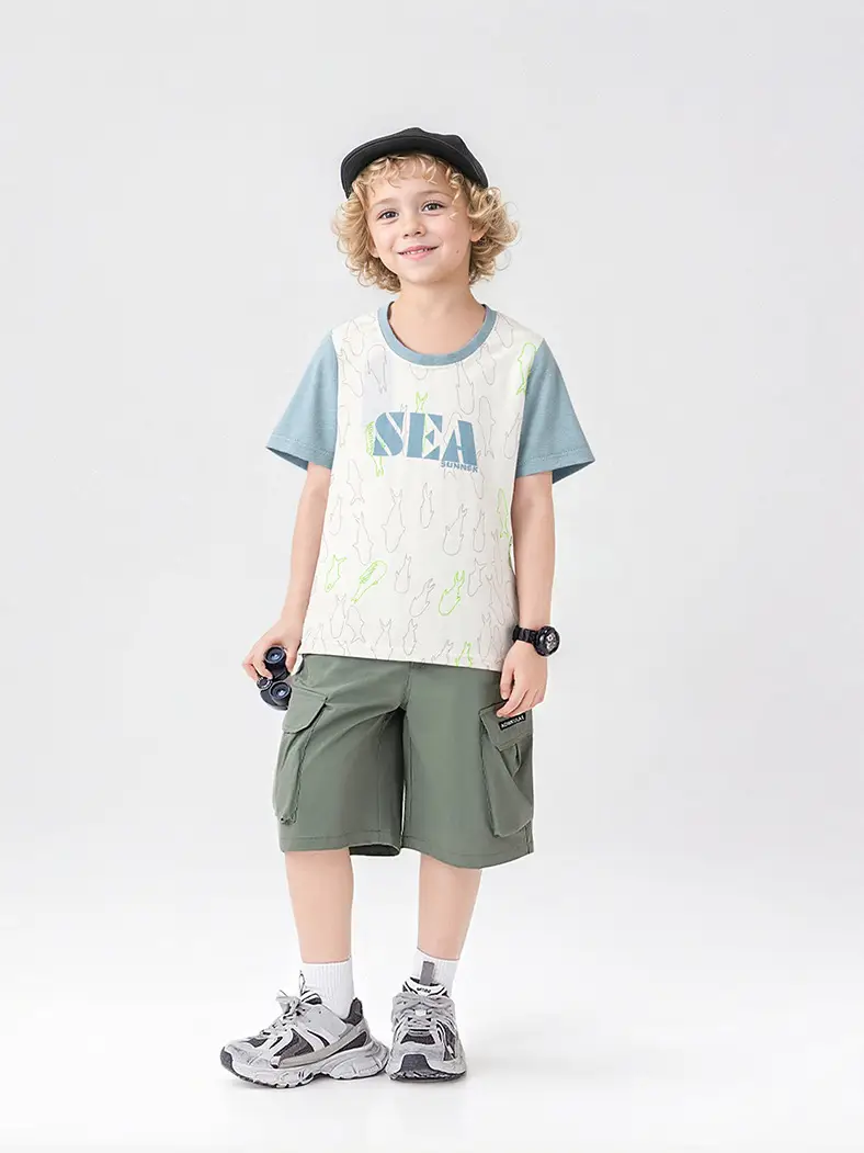 Kids Korean Style Short Sleeve T-Shirt Set Brown Shorts - Image 7