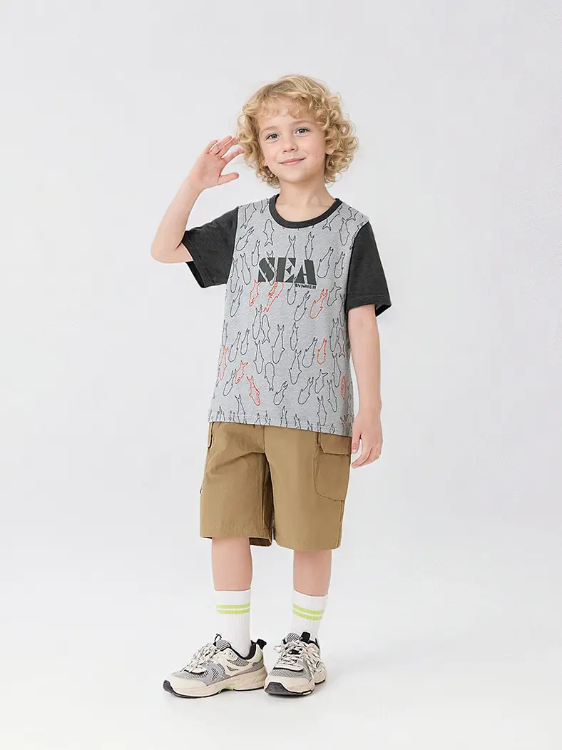 Kids Korean Style Short Sleeve T-Shirt Set Brown Shorts - Image 8