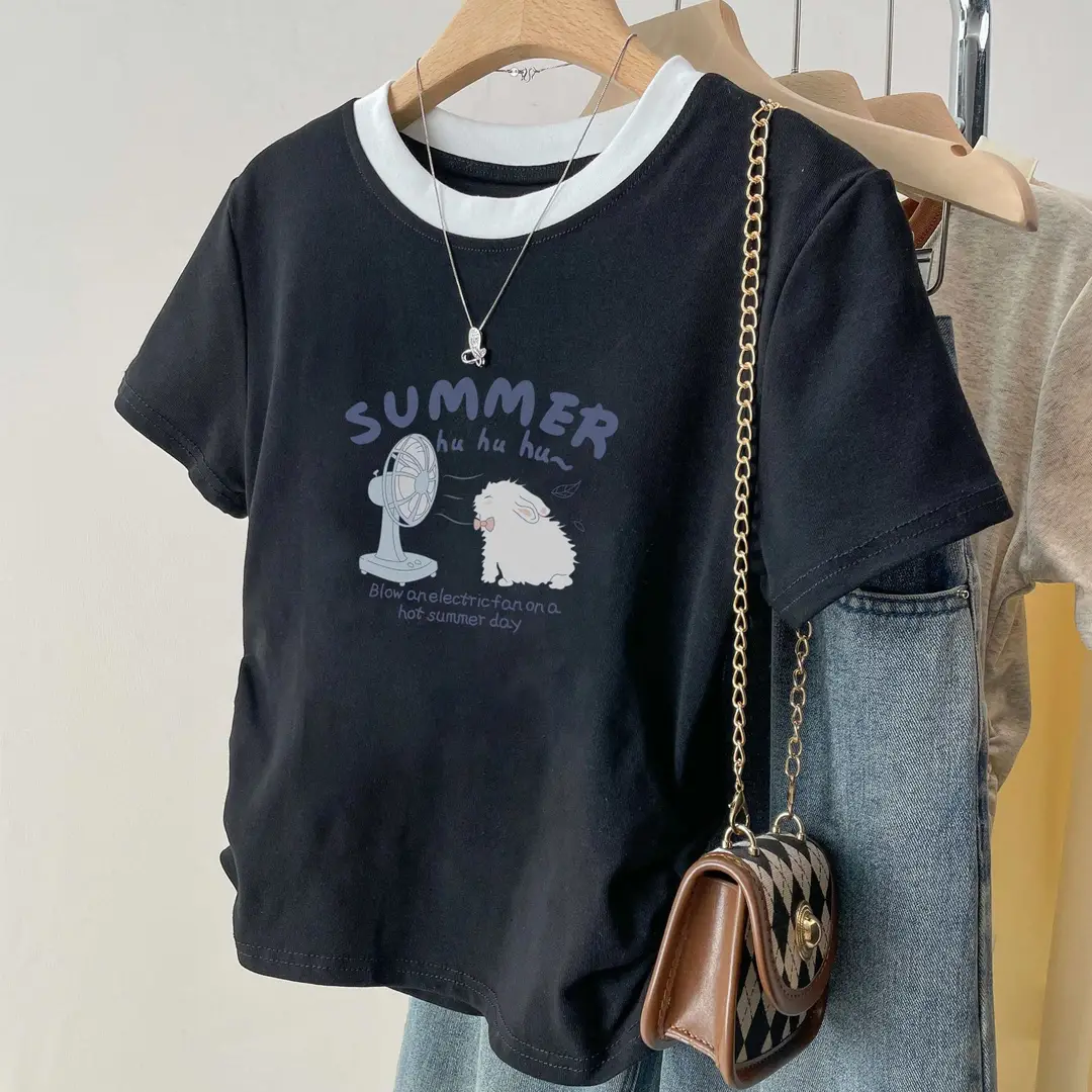 American-Style Right-Shoulder Pure Cotton Short-Sleeved Shirt for Women, New Summer Bottoming Shirt, Slim Design, Sexy Short Top, Trendy