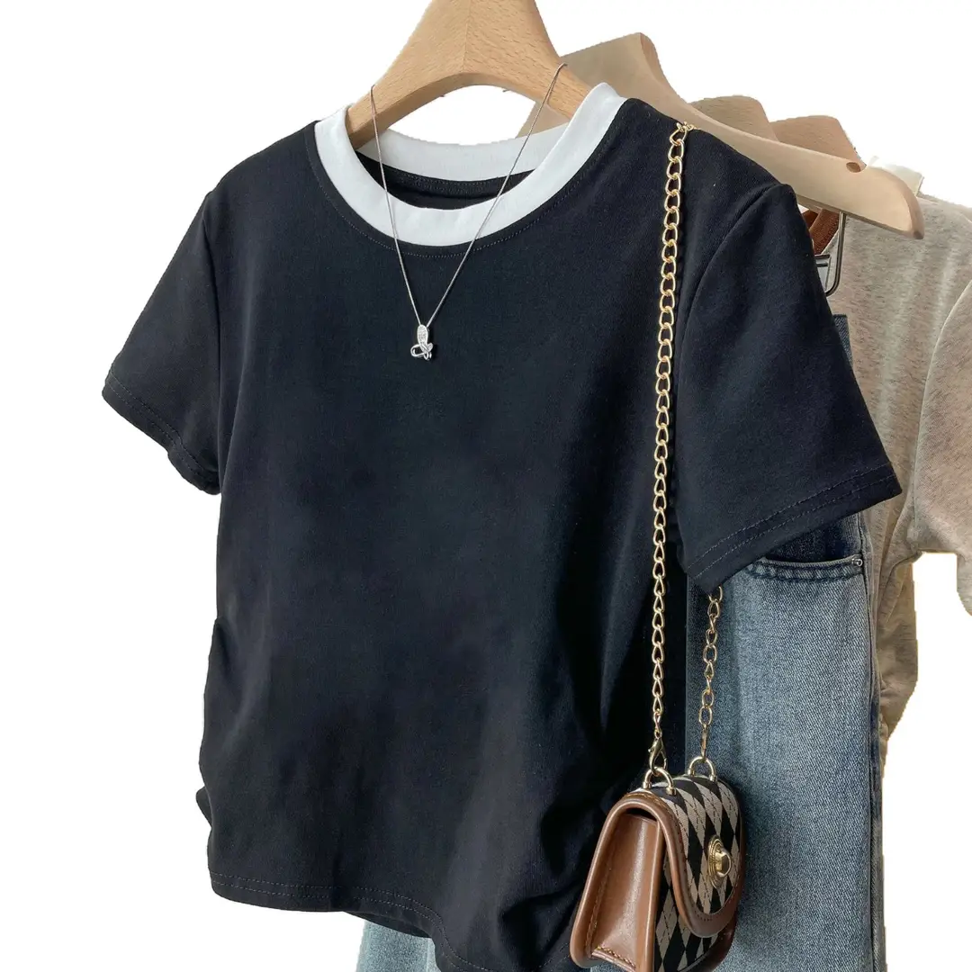 American-Style Right-Shoulder Pure Cotton Short-Sleeved Shirt for Women, New Summer Bottoming Shirt, Slim Design, Sexy Short Top, Trendy
