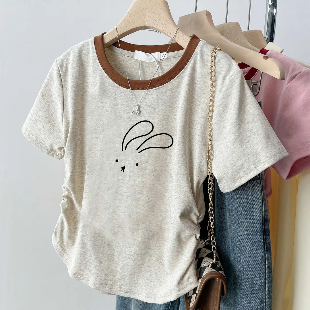 American-Style Right-Shoulder Pure Cotton Short-Sleeved Shirt for Women, New Summer Bottoming Shirt, Slim Design, Sexy Short Top, Trendy