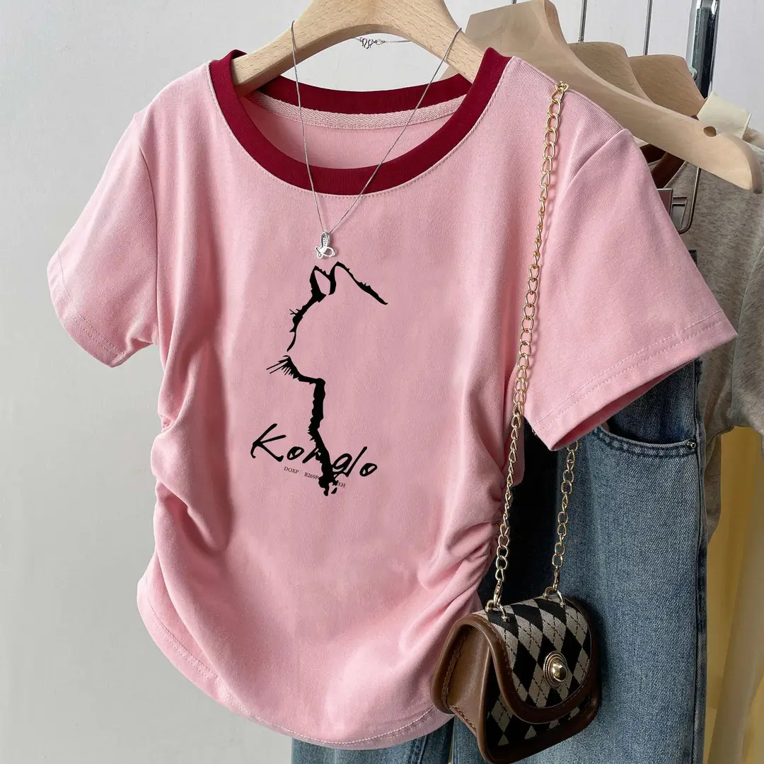American-Style Right-Shoulder Pure Cotton Short-Sleeved Shirt for Women, New Summer Bottoming Shirt, Slim Design, Sexy Short Top, Trendy
