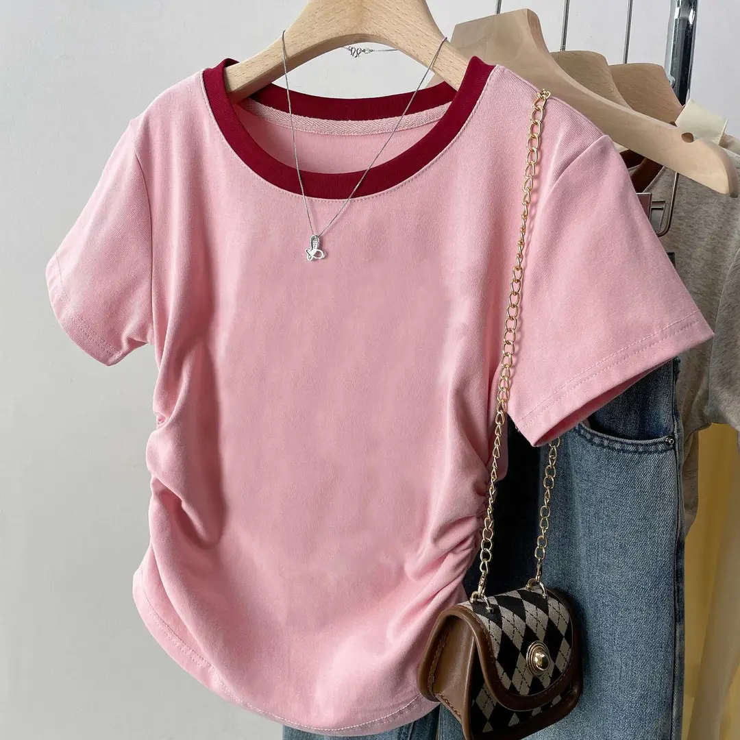 American-Style Right-Shoulder Pure Cotton Short-Sleeved Shirt for Women, New Summer Bottoming Shirt, Slim Design, Sexy Short Top, Trendy