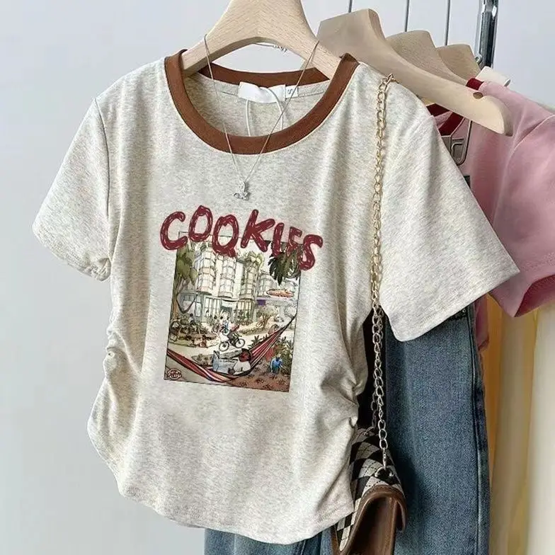 American-Style Right-Shoulder Pure Cotton Short-Sleeved Shirt for Women, New Summer Bottoming Shirt, Slim Design, Sexy Short Top, Trendy