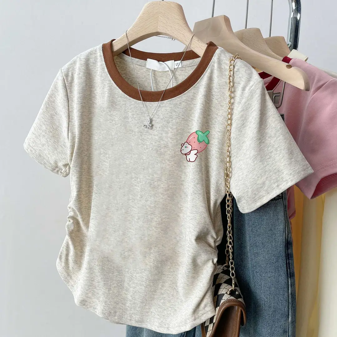 American-Style Right-Shoulder Pure Cotton Short-Sleeved Shirt for Women, New Summer Bottoming Shirt, Slim Design, Sexy Short Top, Trendy