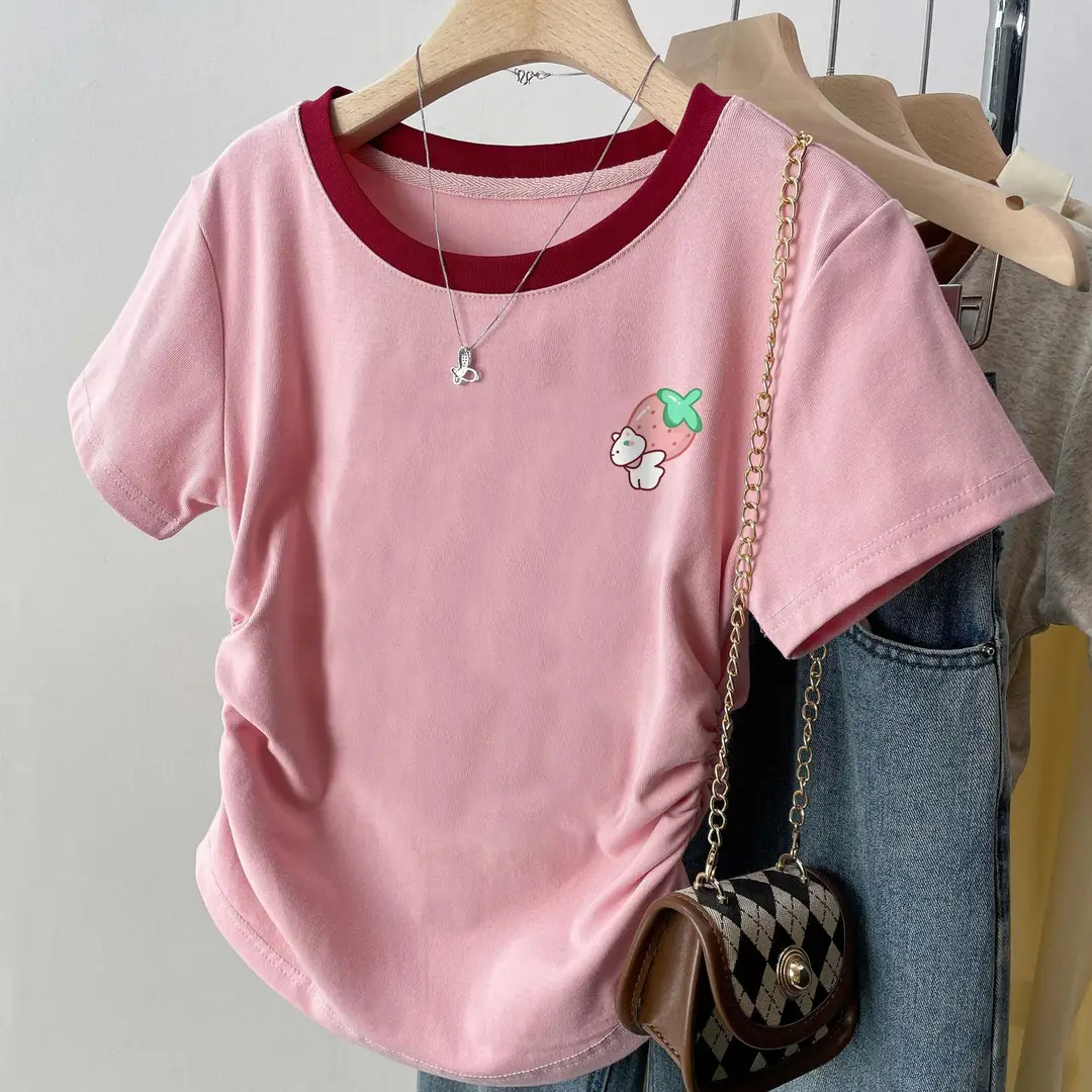 American-Style Right-Shoulder Pure Cotton Short-Sleeved Shirt for Women, New Summer Bottoming Shirt, Slim Design, Sexy Short Top, Trendy