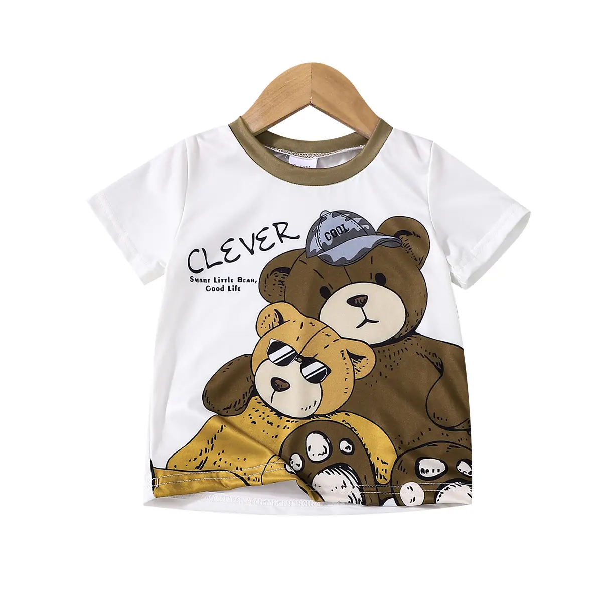 Kids White Cotton Bear Print T-Shirt Summer Casual