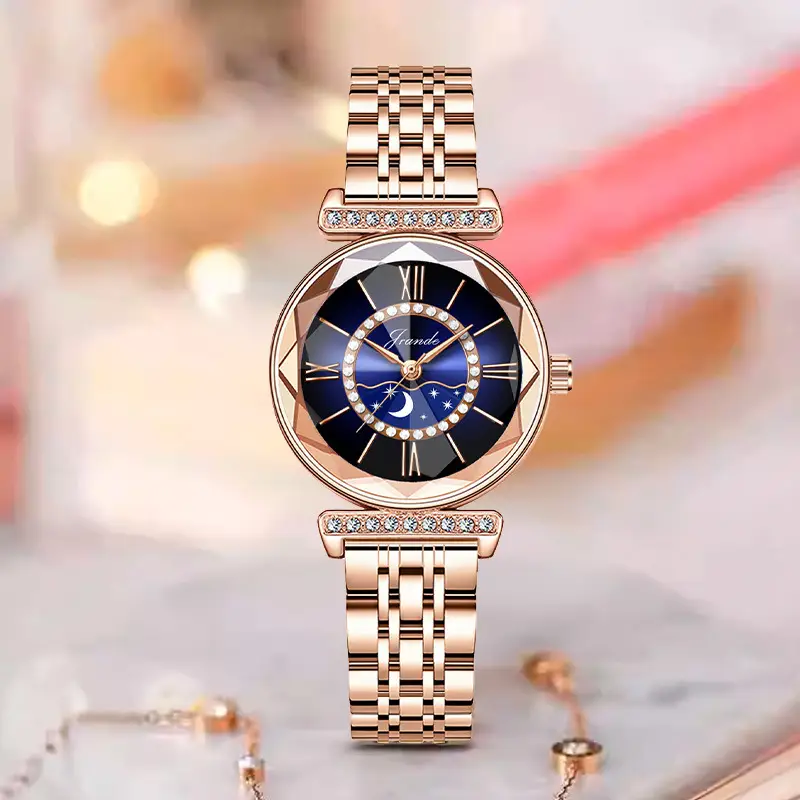 Elegant Rose Gold Women's Quartz Watch with Rainbow Dial - Image 8