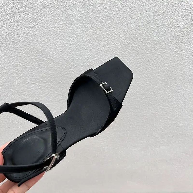 Niche Design Sandals for Women, Square Toe Silk High Heels, Stiletto Heels, Square Buckle Open Toe Fish Mouth European and American Style Black - Image 3