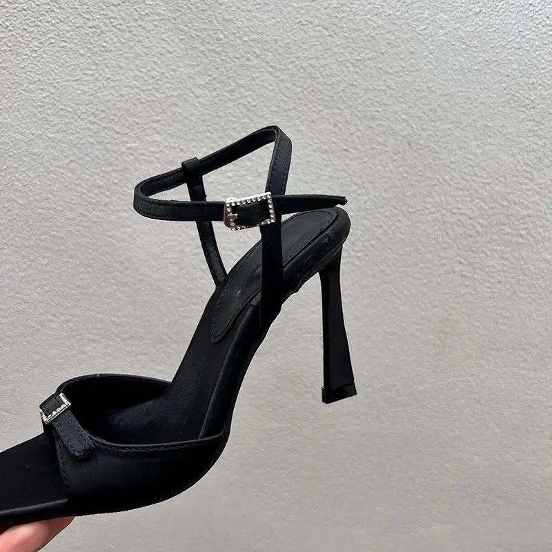 Niche Design Sandals for Women, Square Toe Silk High Heels, Stiletto Heels, Square Buckle Open Toe Fish Mouth European and American Style Black - Image 5