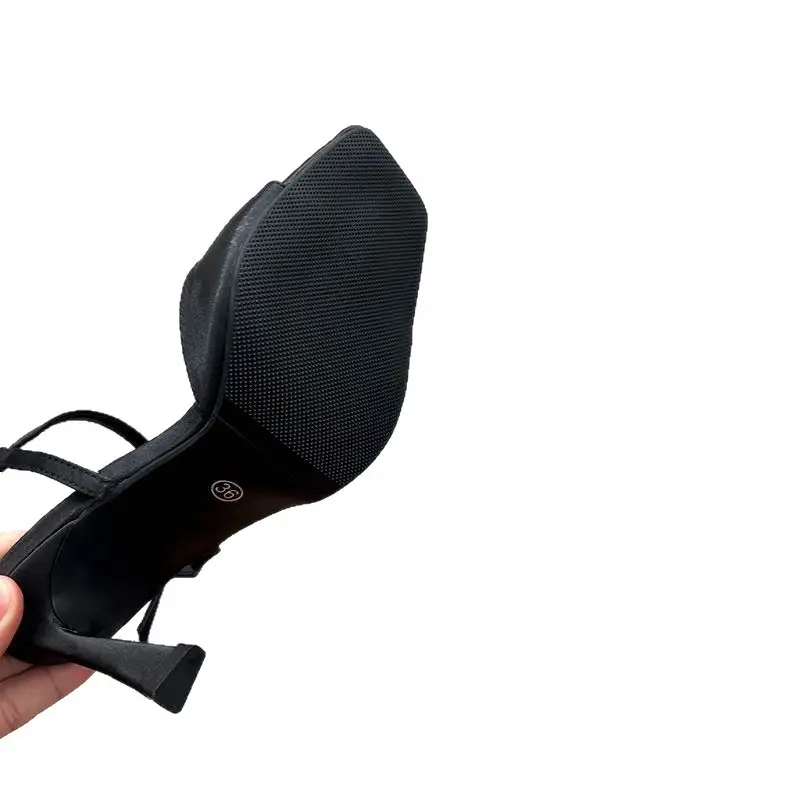 Niche Design Sandals for Women, Square Toe Silk High Heels, Stiletto Heels, Square Buckle Open Toe Fish Mouth European and American Style Black - Image 6