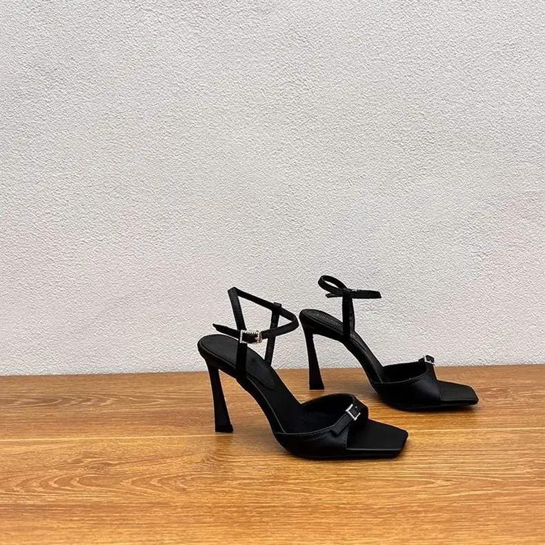 Niche Design Sandals for Women, Square Toe Silk High Heels, Stiletto Heels, Square Buckle Open Toe Fish Mouth European and American Style Black — feature 3