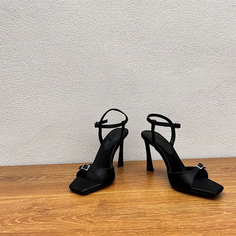 Niche Design Sandals for Women, Square Toe Silk High Heels, Stiletto Heels, Square Buckle Open Toe Fish Mouth European and American Style Black — feature 5