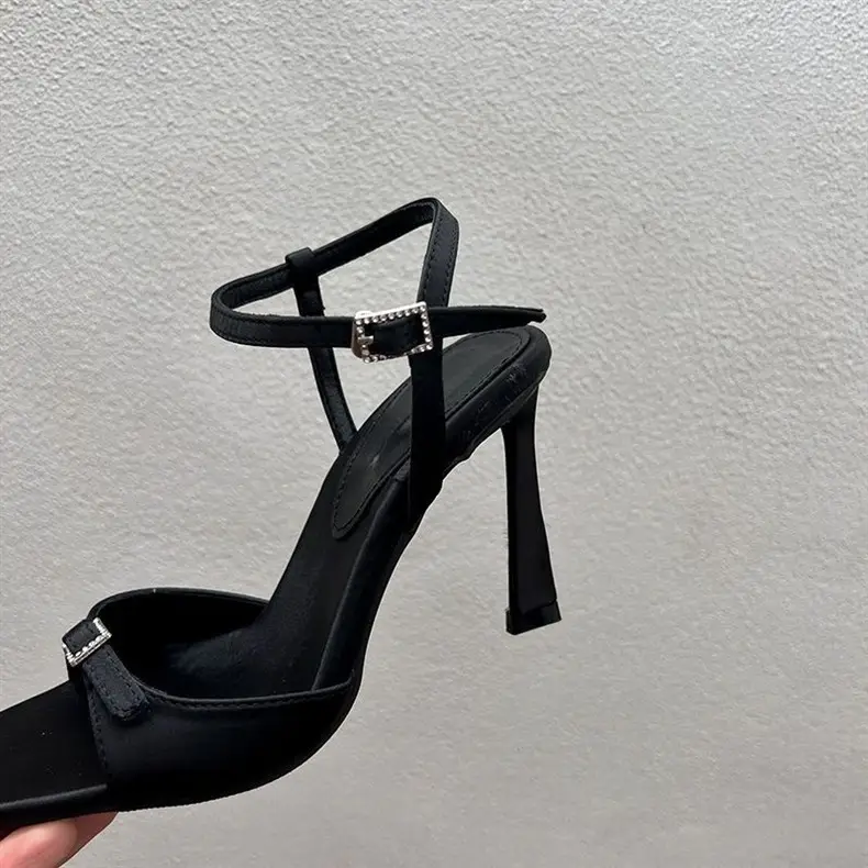 Niche Design Sandals for Women, Square Toe Silk High Heels, Stiletto Heels, Square Buckle Open Toe Fish Mouth European and American Style Black — feature 6
