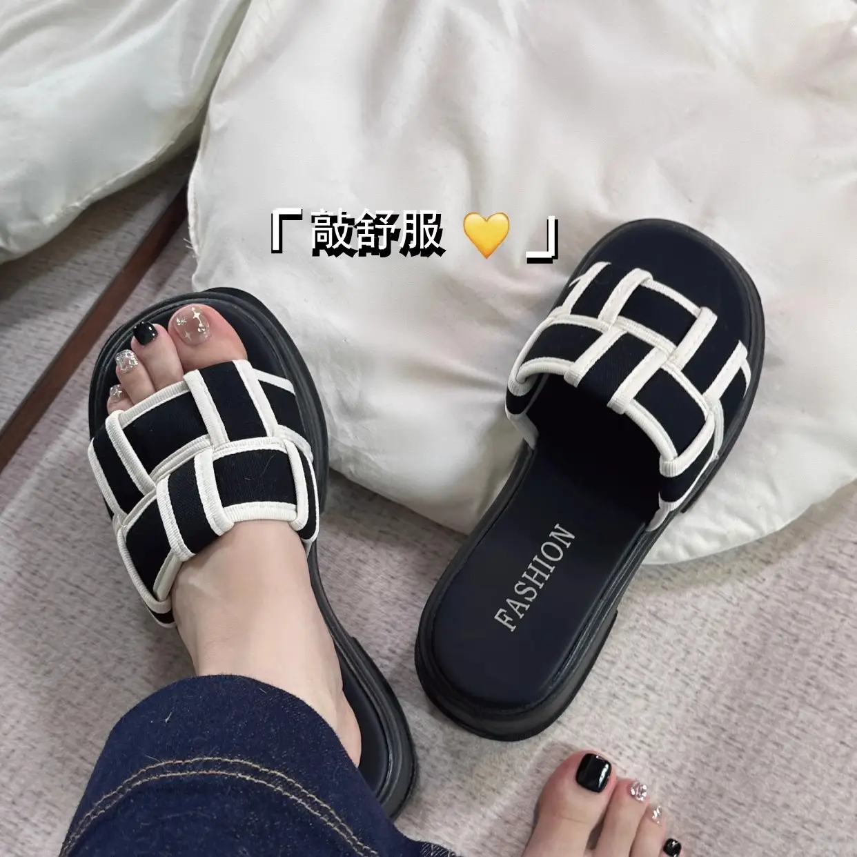 Women Flat Sandals Black White Braided Thick Soles — feature 2