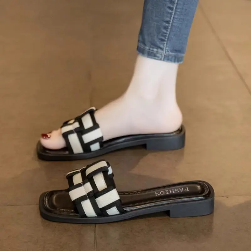 Women Flat Sandals Black White Braided Thick Soles - Image 2