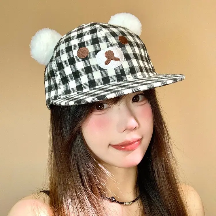 Japanese Style Bear Ear Plaid Hat for Women - Image 3