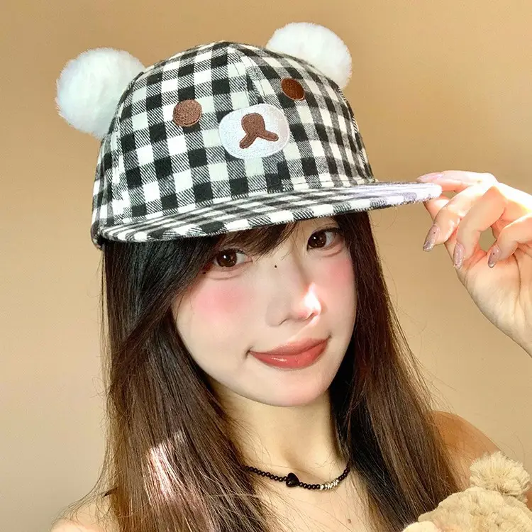 Japanese Style Bear Ear Plaid Hat for Women - Image 4