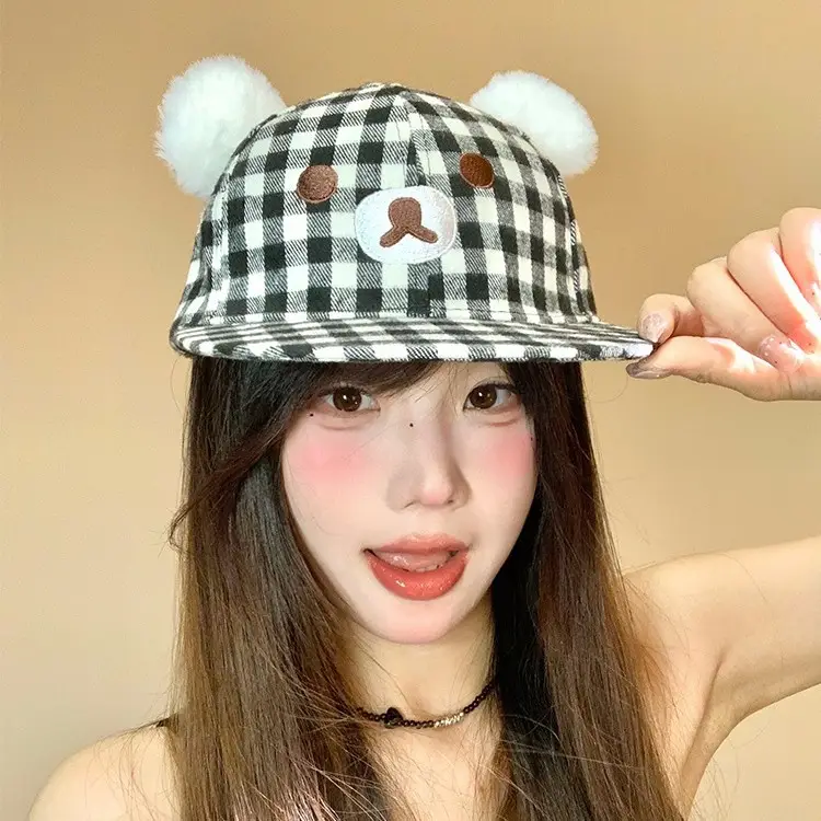 Japanese Style Bear Ear Plaid Hat for Women - Image 5