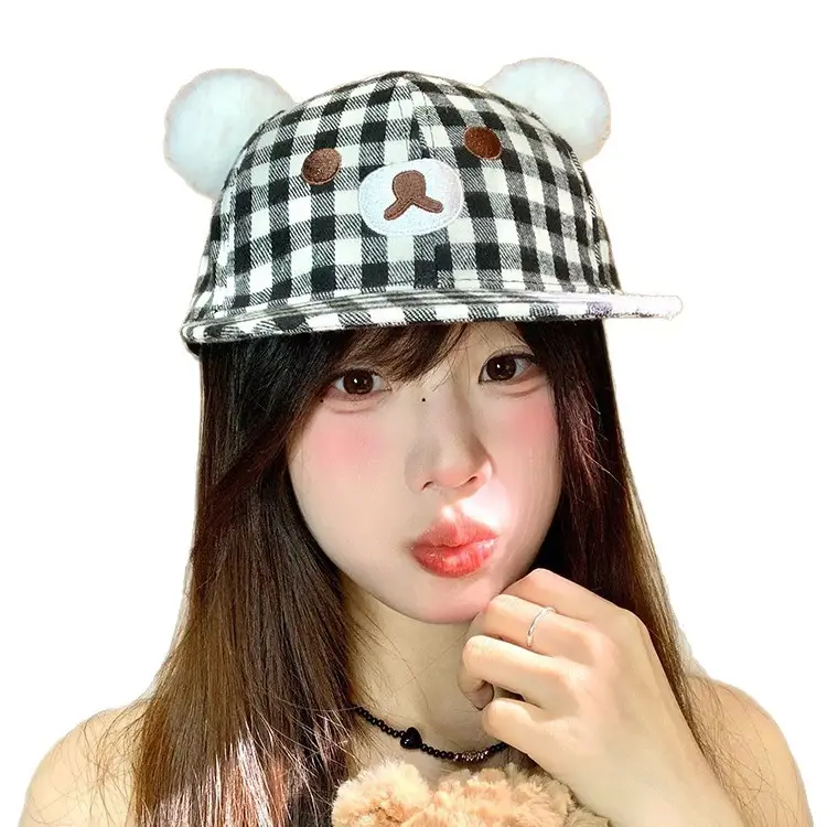 Japanese Style Bear Ear Plaid Hat for Women - Image 6