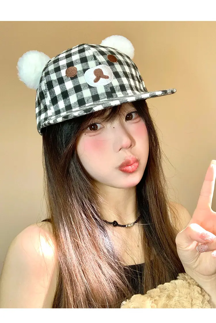 Japanese Style Bear Ear Plaid Hat for Women — feature 10