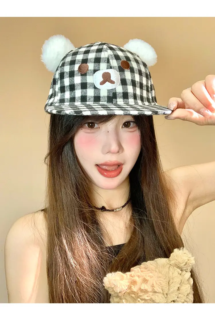 Japanese Style Bear Ear Plaid Hat for Women — feature 11