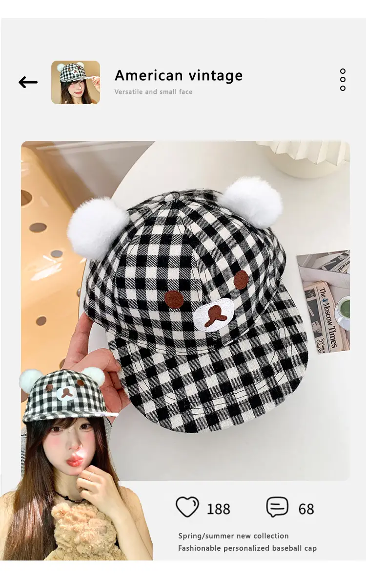 Japanese Style Bear Ear Plaid Hat for Women — feature 3