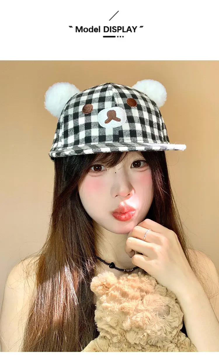 Japanese Style Bear Ear Plaid Hat for Women — feature 7
