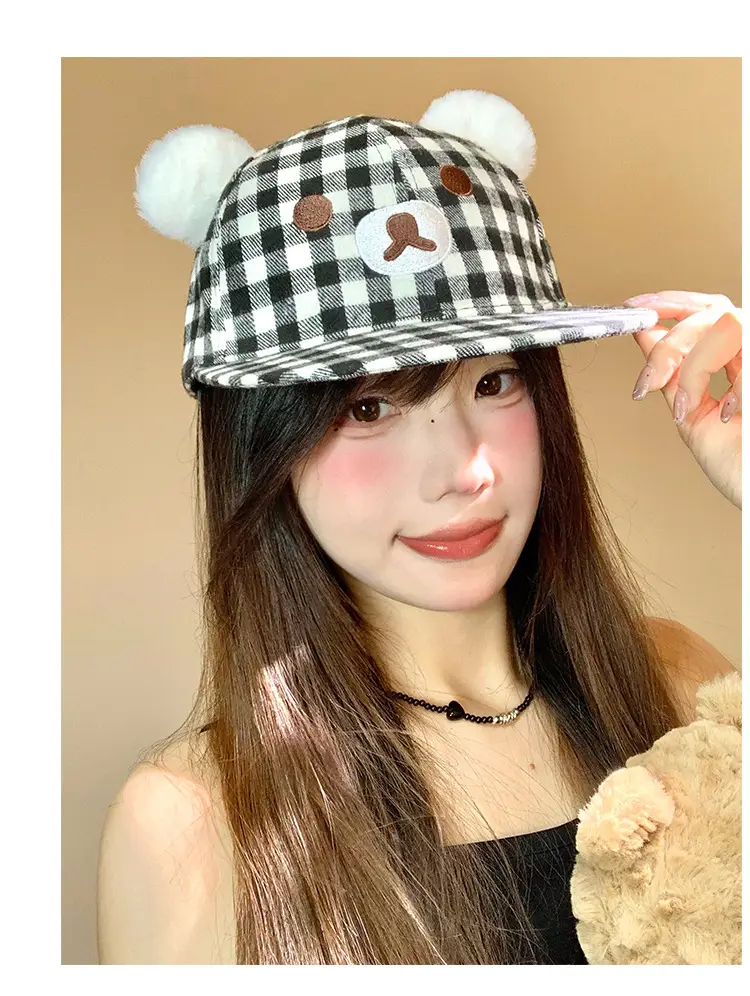 Japanese Style Bear Ear Plaid Hat for Women — feature 8