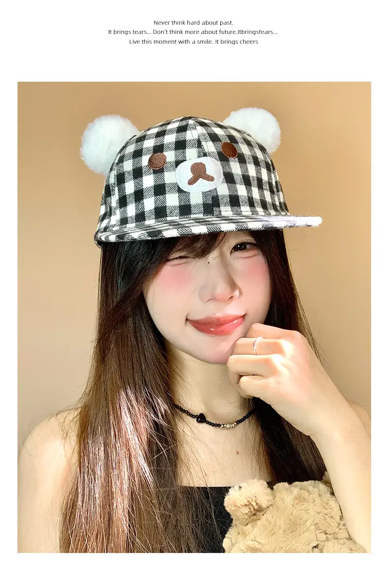 Japanese Style Bear Ear Plaid Hat for Women — feature 9