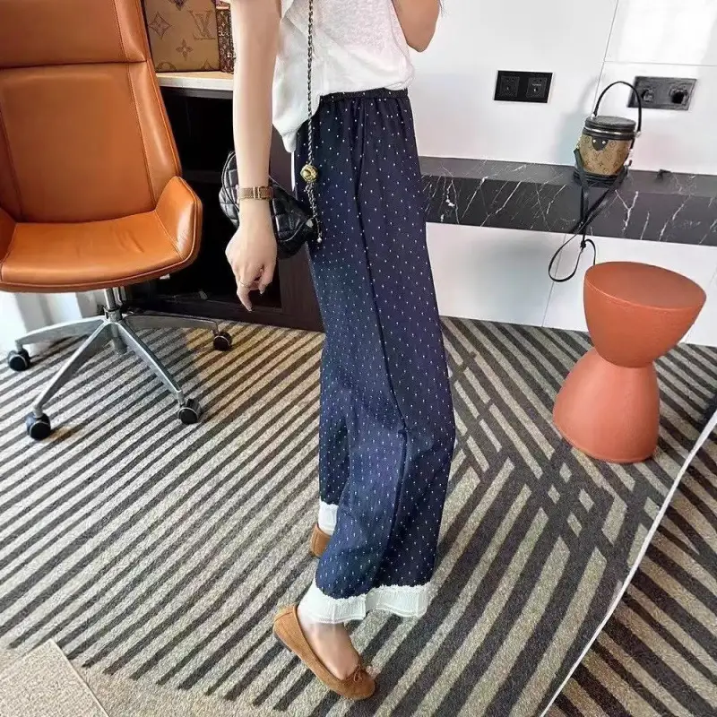 Dark Blue Wide Leg Pants with Lace Trim for Women