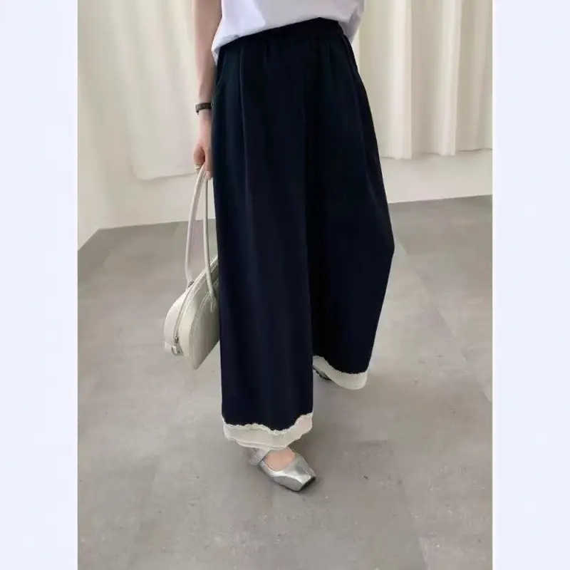 Dark Blue Wide Leg Pants with Lace Trim for Women