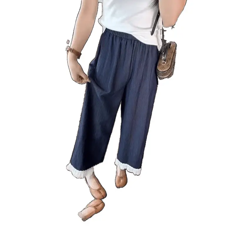 Dark Blue Wide Leg Pants with Lace Trim for Women
